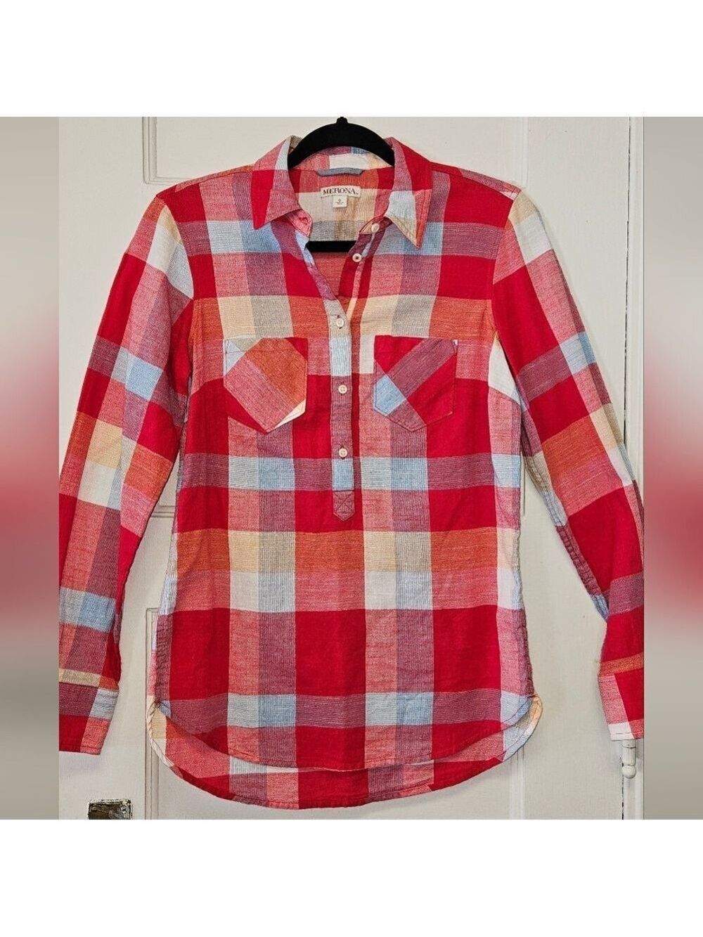 Merona Red Plaid Shirt Casual Chic Size S